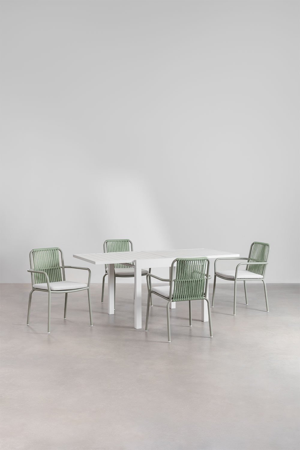 Starmi ausziehbarer rechteckiger Aluminiumtisch (90–180 x 90 cm) und 4 stapelbare Alberta-Gartenstühle aus Aluminium, Galeriebild 1