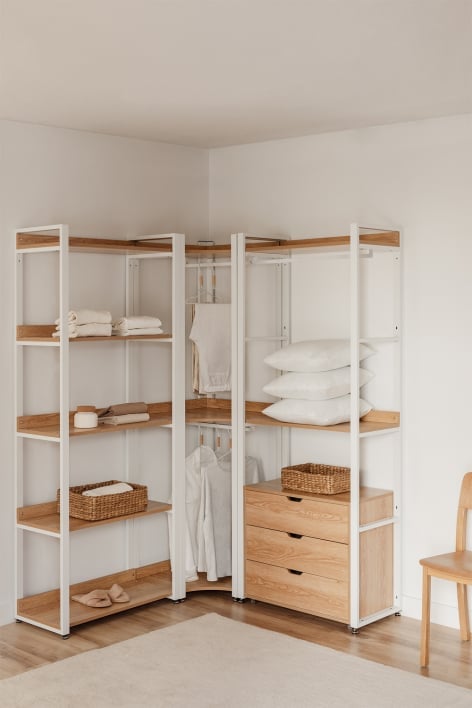 3-teiliger modularer offener Eckschrank mit Schubladen aus Stahl und Holz Ariaster