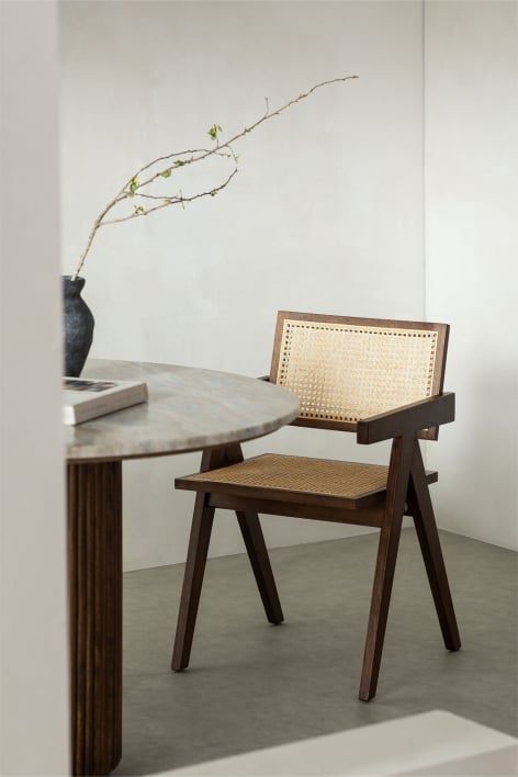 Esszimmerstuhl mit Armlehnen aus Eschenholz und Rattan Lali Style