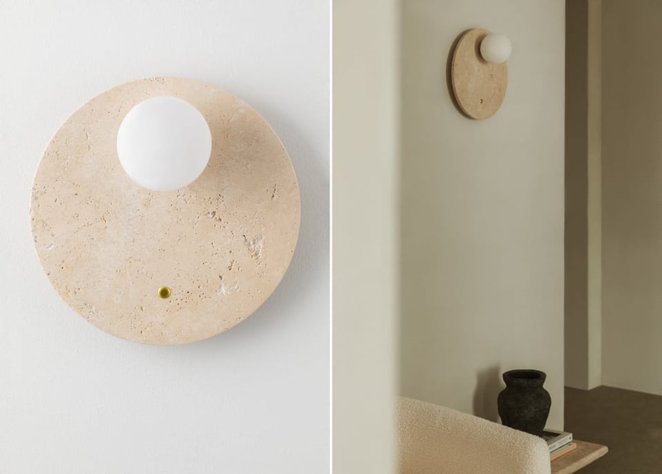 Wandleuchte Ø30 cm aus Travertin mit Glaskugel Davise