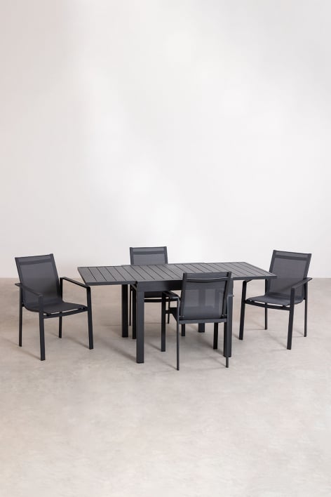 Set aus rechteckigem ausziehbarem Aluminiumtisch (90–180 x 90 cm) Starmi und 4 Eika-Außenstühlen