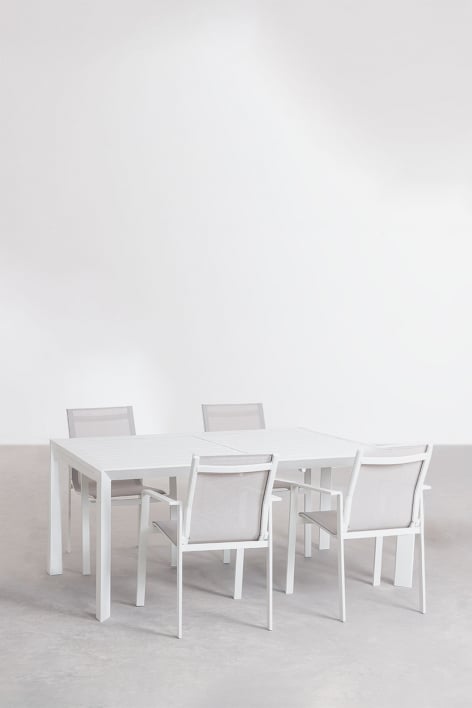 Set aus rechteckigem ausziehbarem Aluminiumtisch (180–240 x 100 cm) Starmi und 4 Eika-Gartenstühlen