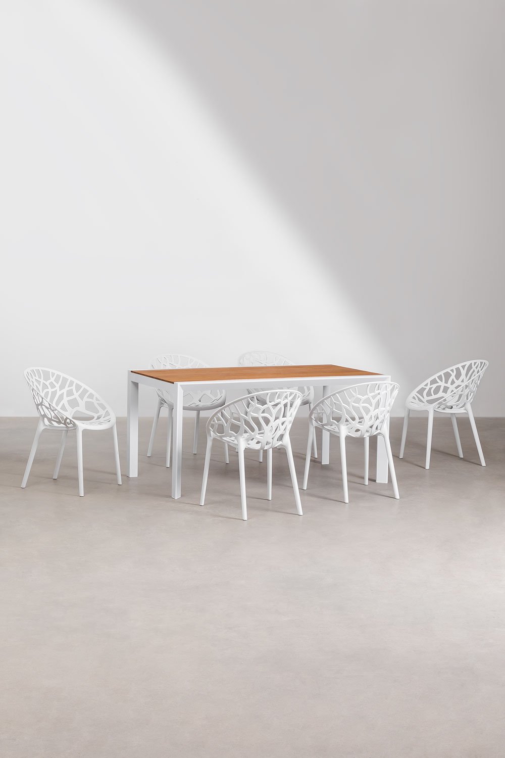 Set aus rechteckigem Tisch aus Holz und Aluminium Archer Supreme (160 x 90 cm) und 6 stapelbare Gartenstühle Ores, Galeriebild 1