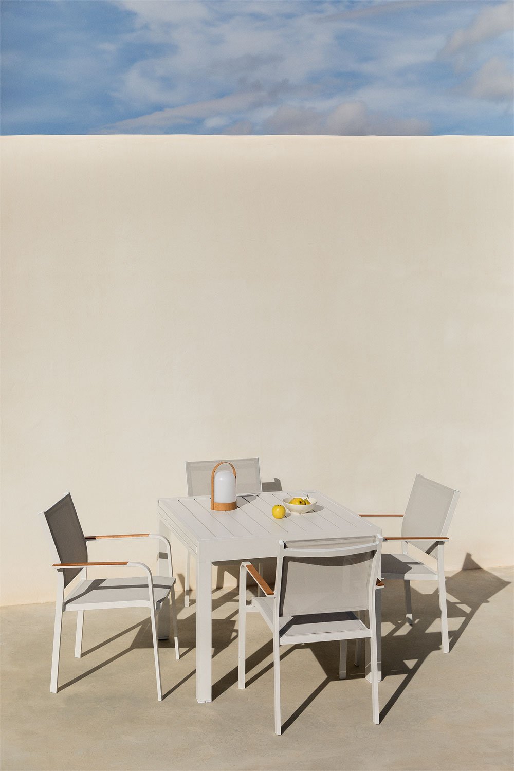 Set aus ausziehbarem rechteckigem Tisch aus Aluminium (180-240x100 cm) Starmi und 4 stapelbaren Gartenstühlen aus Aluminium Arch, Galeriebild 1
