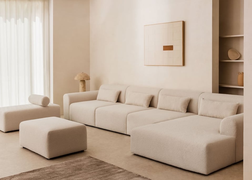 Modulares Sofa mit rechter Chaiselongue, 4-teilig, 2 Hocker in Schaffell Borjan