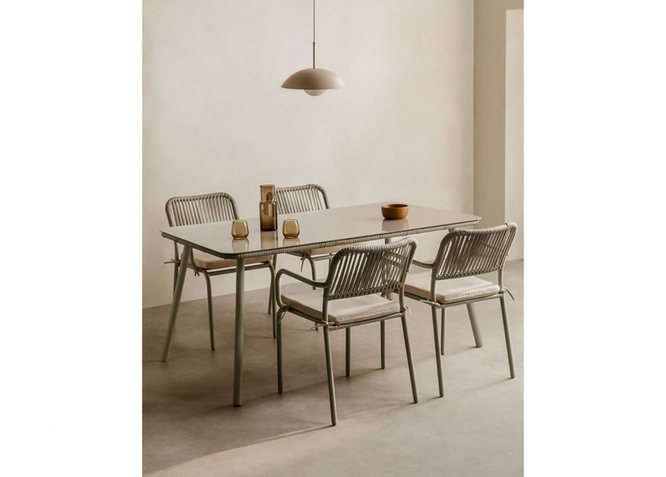 Rechteckiger Tisch 160 x 90 cm und 4 stapelbare Esszimmerstühle aus Aluminium Arhiza Set