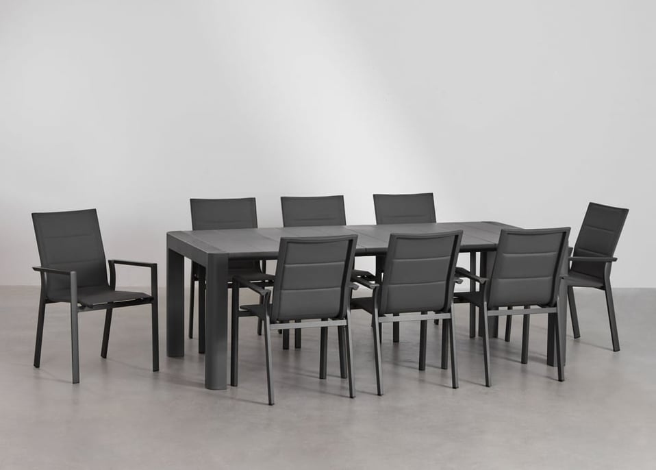 Set aus rechteckigem Arnadine-Tisch (220 x 100 cm) und 8 stapelbaren Gartenstühlen aus Karena-Aluminium