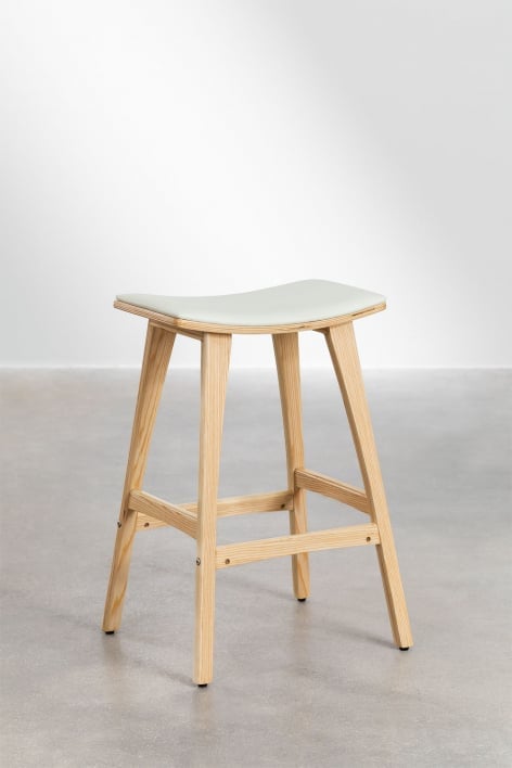 Barhocker 65cm aus Holz mit Holzfinish Natur und weißem Kunstleder Lorete