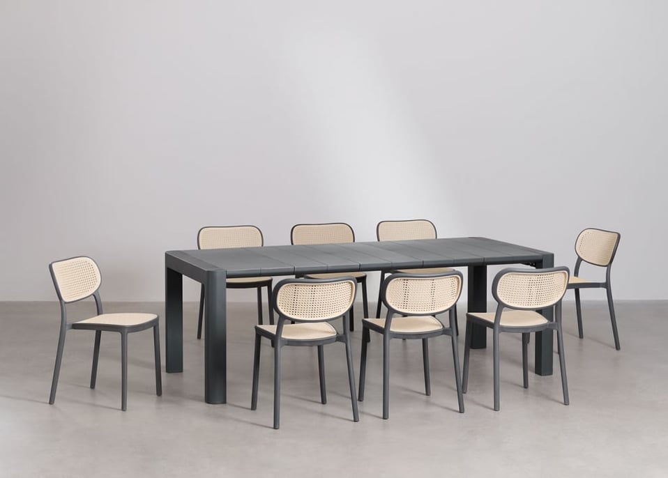 Arnadine-Set mit rechteckigem Tisch (220 x 100 cm) und 8 stapelbaren Omara-Esszimmerstühlen