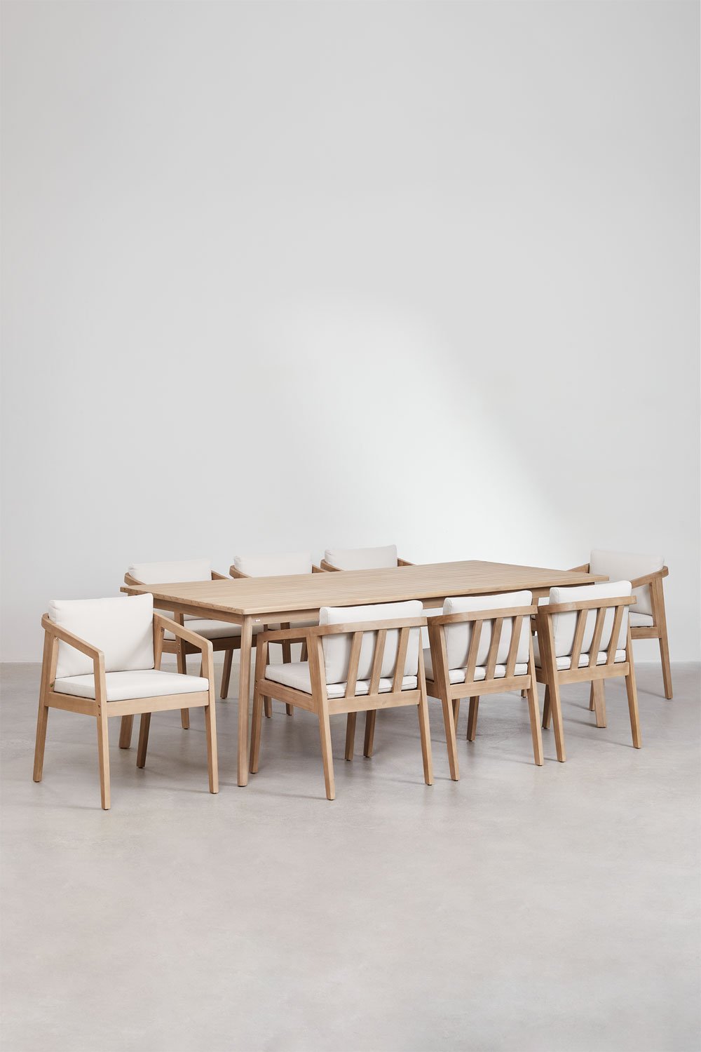 Kaela-Set mit rechteckigem Tisch (220 x 100 cm) und 8 Esszimmerstühlen aus Akazienholz, Galeriebild 2