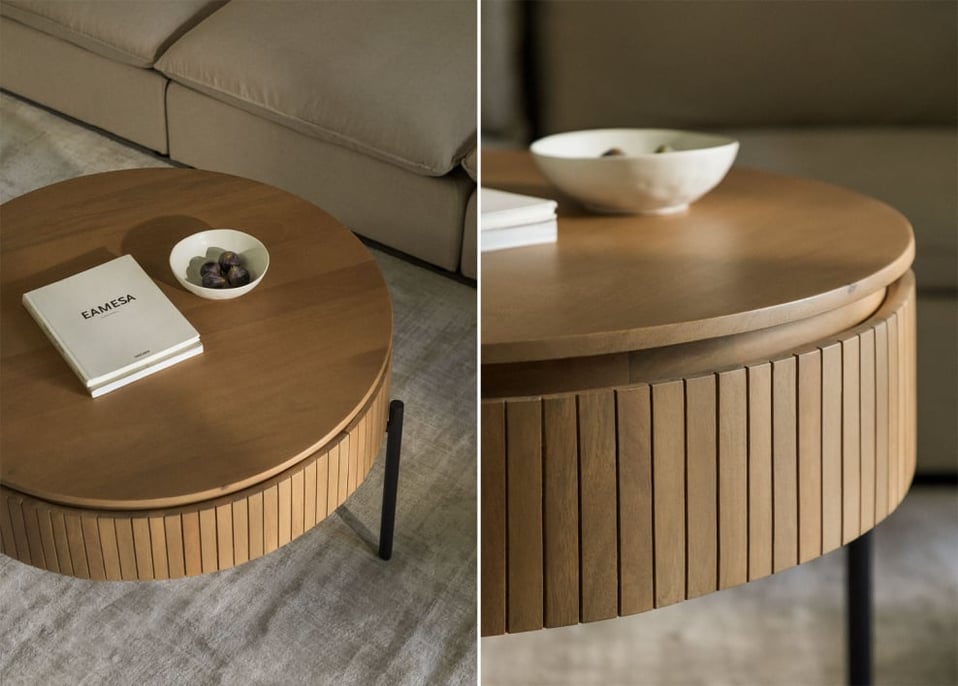 Runder Analis-Couchtisch aus Mangoholz