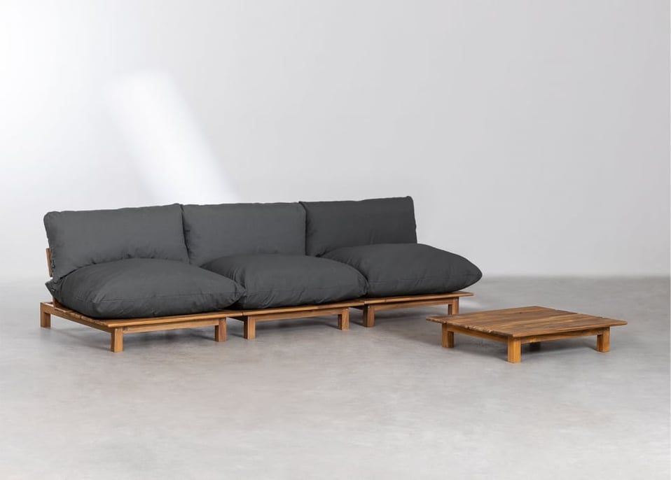 3-teiliges modulares Liegesofa mit Couchtisch aus Brina-Akazienholz