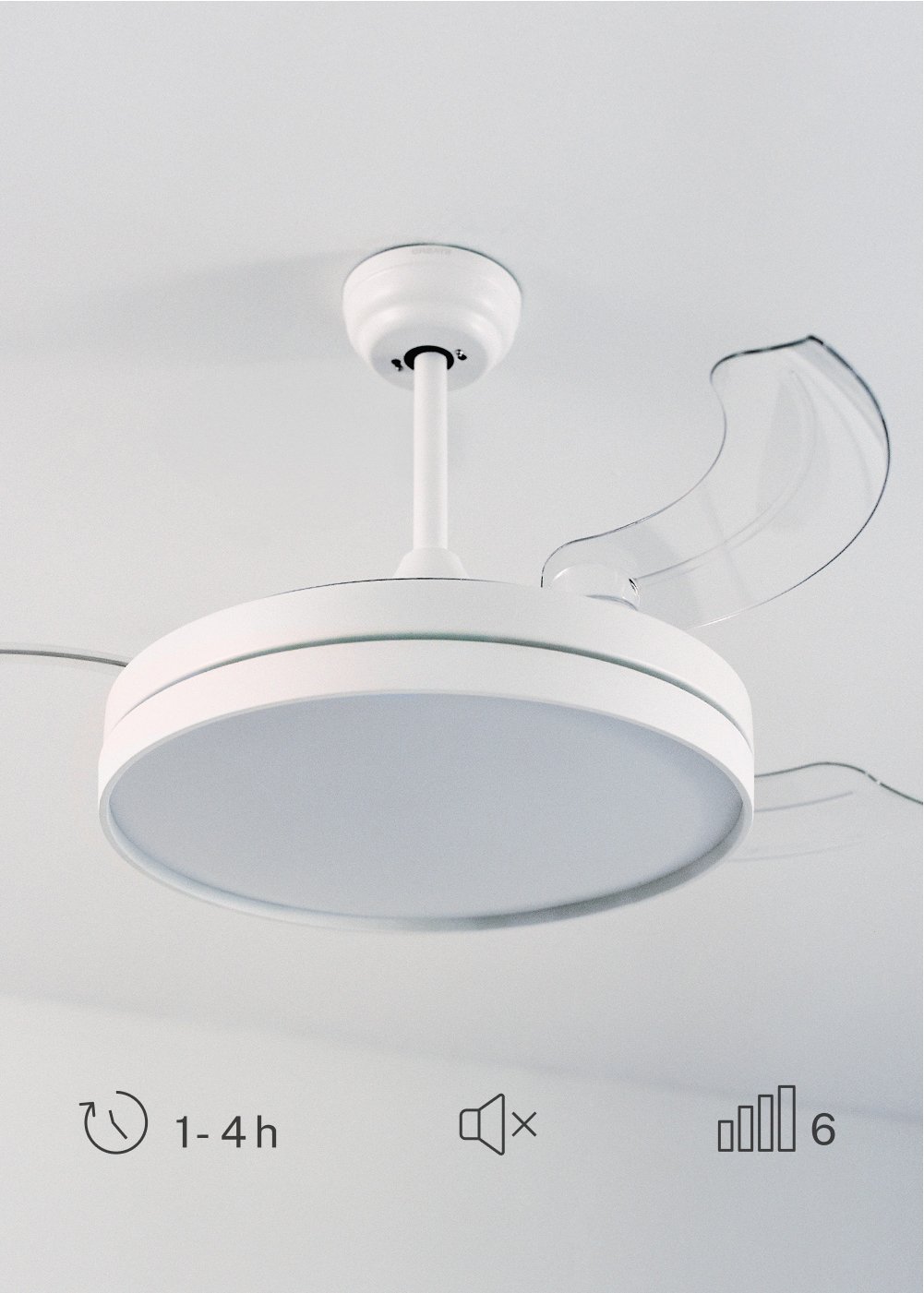 CREATE - WIND CLEAR - Leiser Deckenventilator 40W Ø108cm einziehbare  Flügel mit 36W LED-Licht, Galeriebild 6