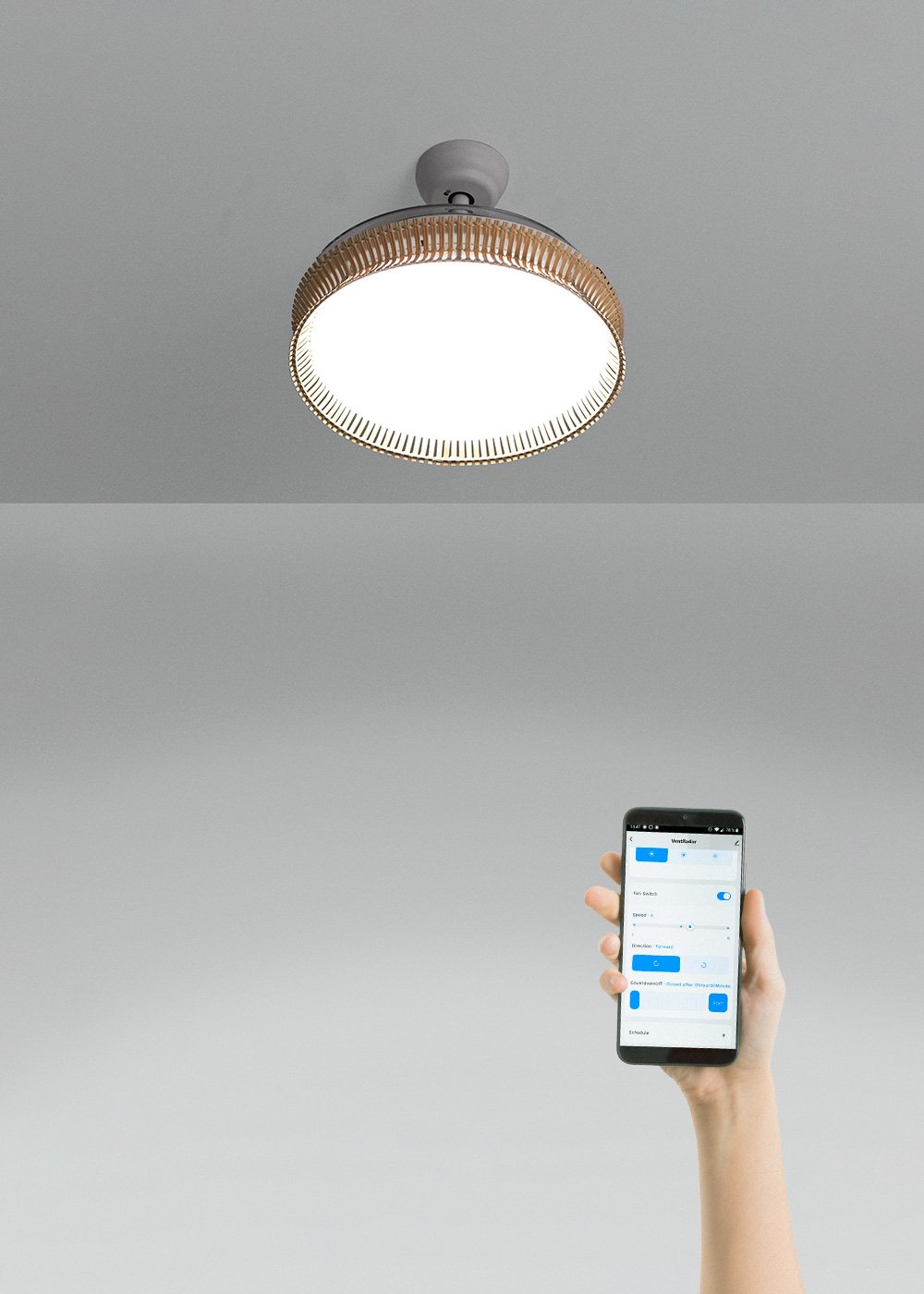 CREATE - WIND CLEAR RATTAN - Leiser 40-W-Deckenventilator mit einziehbaren Flügeln von Ø107 cm und 36-W-LED-Licht, Galeriebild 1