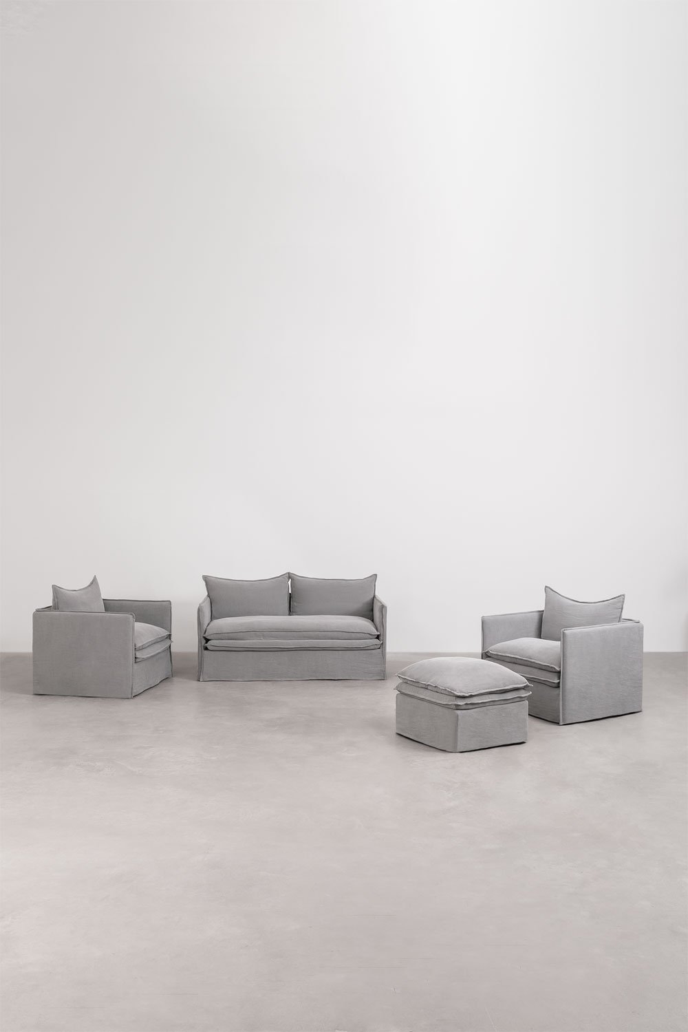 Wohnzimmerset mit einem 2-Sitzer-Sofa, 2 Sesseln und einem Pouf aus Leinen und Baumwolle Grace, Galeriebild 3