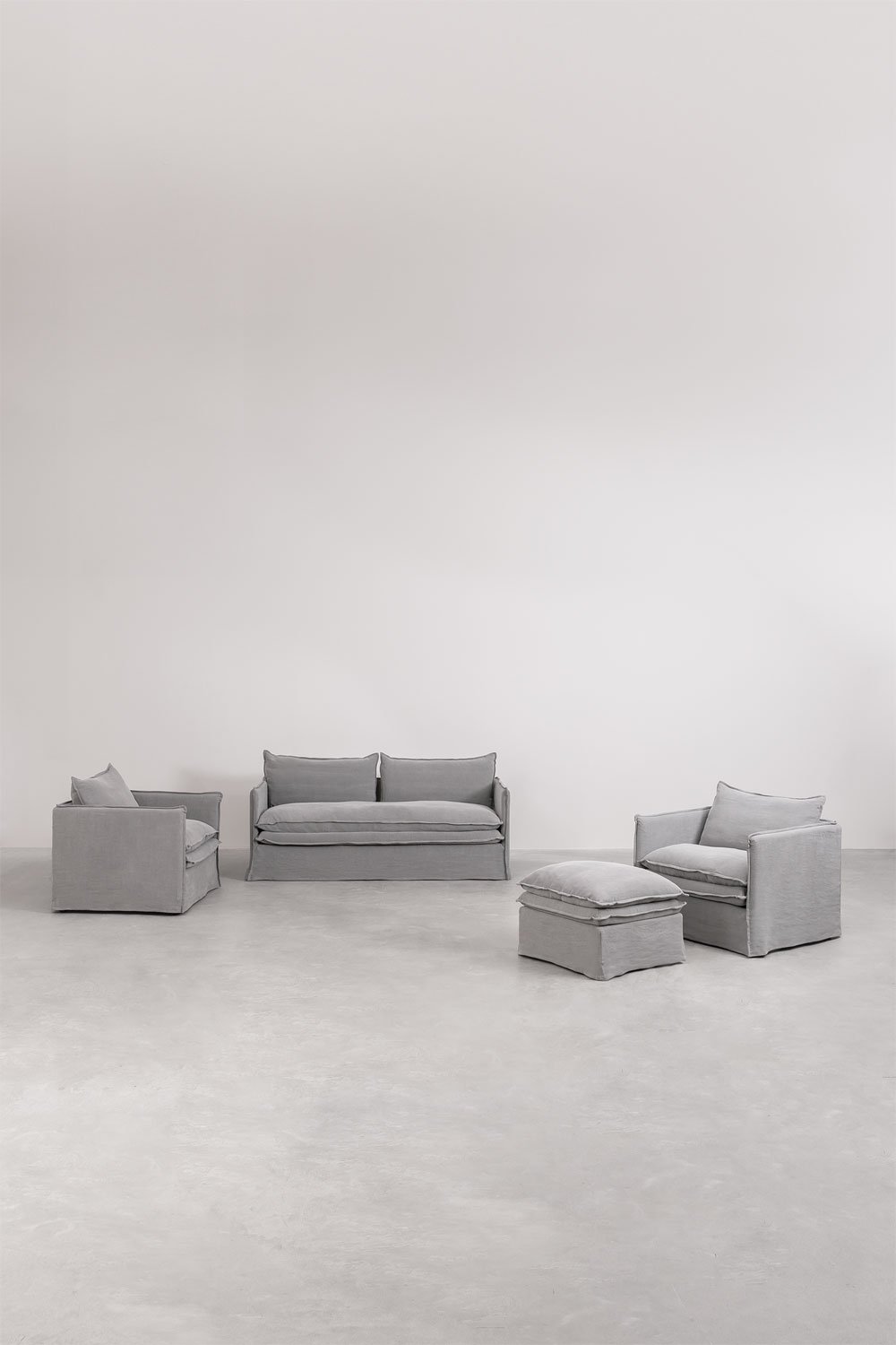 Wohnzimmerset mit einem 3-Sitzer-Sofa, 2 Sesseln und einem Pouf aus Leinen und Baumwolle Grace, Galeriebild 3