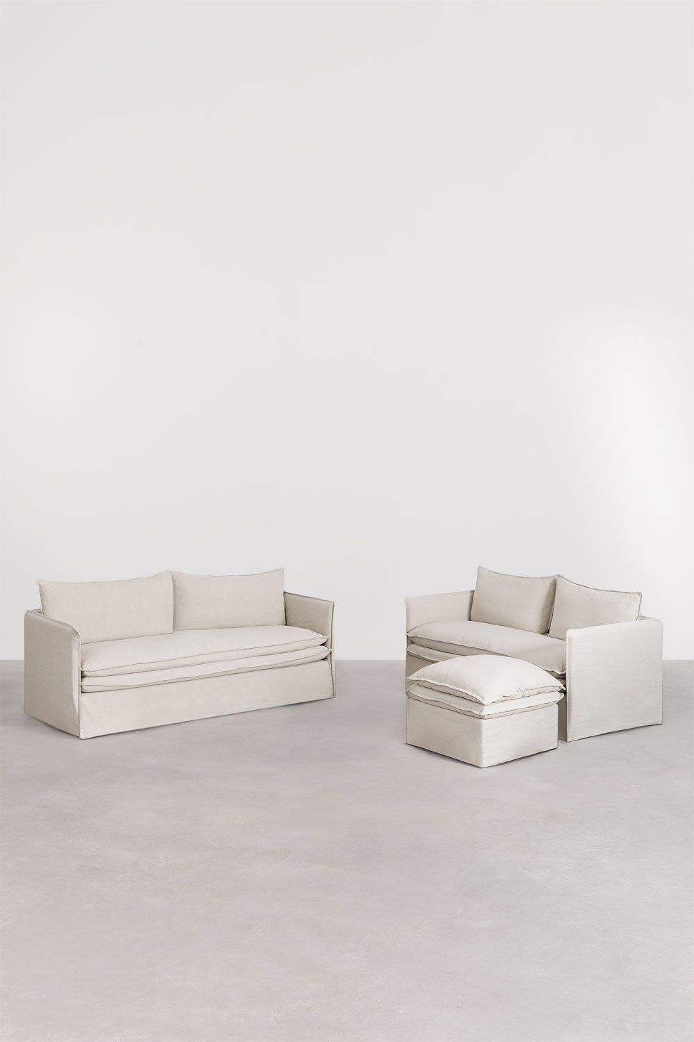 Wohnzimmerset mit einem 2-Sitzer-Sofa, einem 3-Sitzer-Sofa und einem Pouf aus Leinen und Baumwolle Grace, Galeriebild 3
