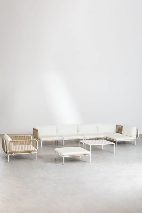 5-teiliges modulares Garten-Ecksofa mit Pouf, Sessel und Roubly-Couchtisch