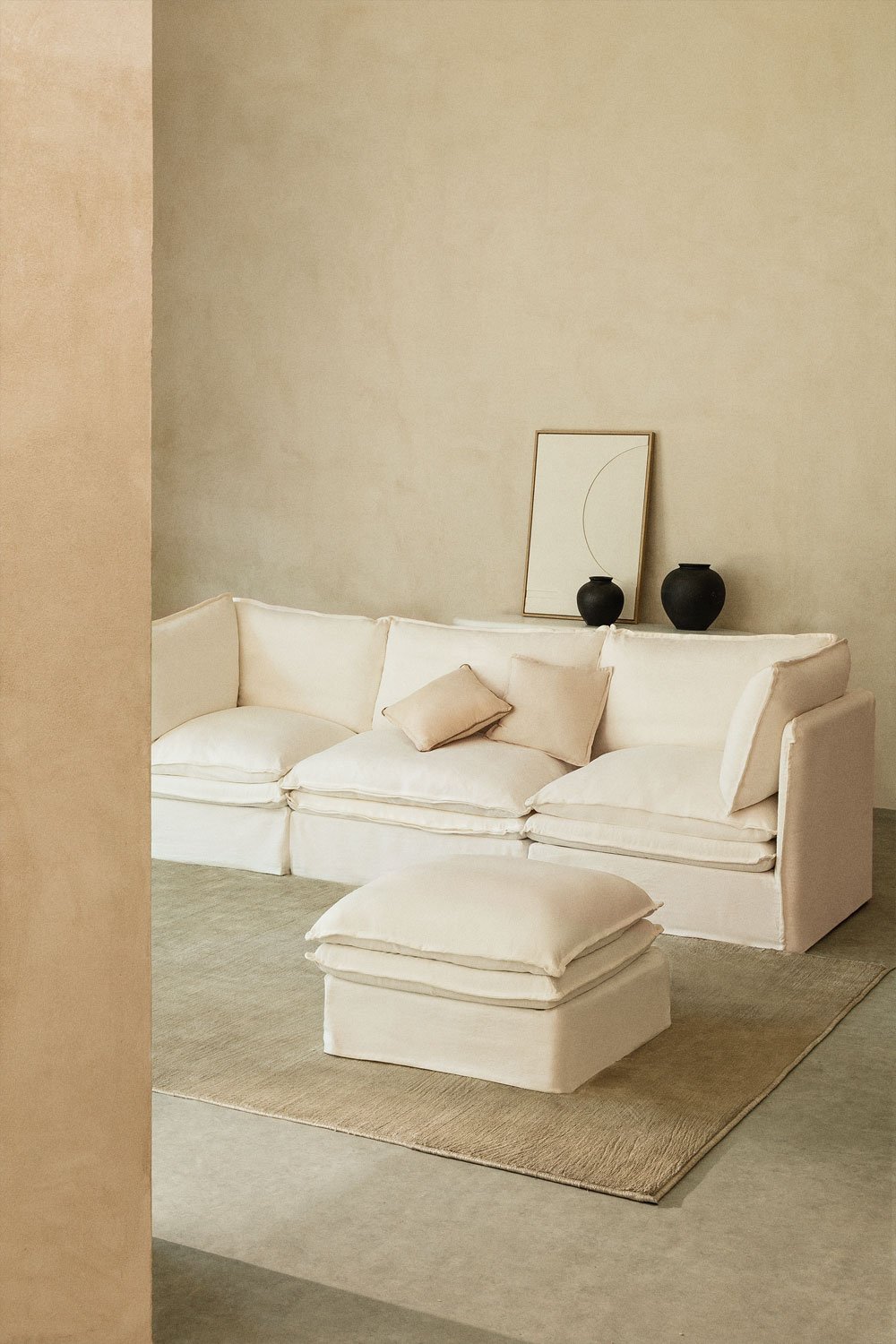 3-teiliges modulares Sofa und Pouf „Grace“ aus Leinen und Baumwolle, Galeriebild 1