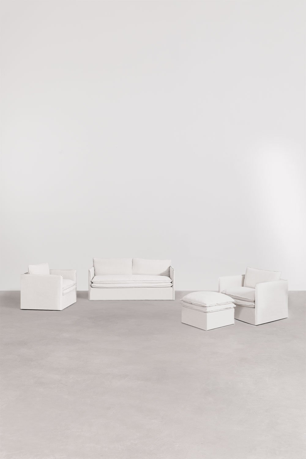 Wohnzimmerset mit einem 3-Sitzer-Sofa, 2 Sesseln und einem Pouf aus Leinen und Baumwolle Grace, Galeriebild 3