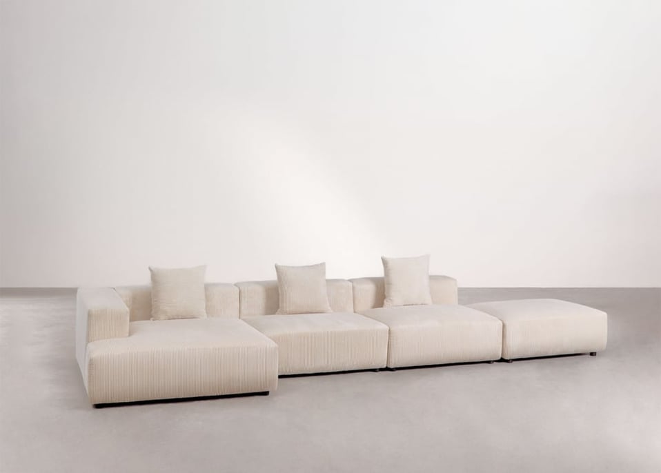 Modulares Ecksofa mit linker Chaiselongue, 3-teilig mit Hocker ↔︎450 cm Bruna - Kord Beige Leinen