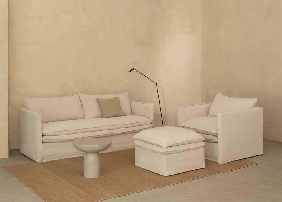Wohnzimmerset mit 3-Sitzer-Sofa, Sessel und Pouf aus Leinen und Baumwolle Grace