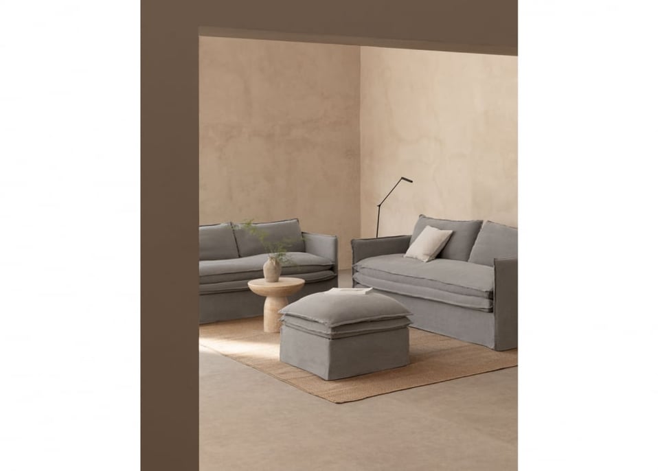 Wohnzimmerset mit einem 2-Sitzer-Sofa, einem 3-Sitzer-Sofa und einem Pouf aus Leinen und Baumwolle Grace