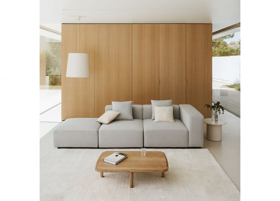 2-teiliges modulares Ecksofa mit hohem Armlehne und Hocker ↔︎285 cm Bruna - Stofffarbe Gris Glacial