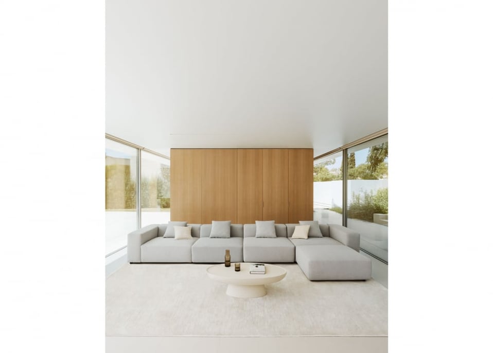 Modulares 4-Sitzer-Sofa mit hoher Armlehne und Hocker ↔︎480 cm Bruna