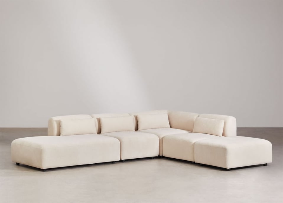 4-teiliges modulares Ecksofa mit Chaiselongue links und Fogler-Hocker