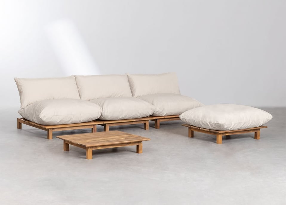 3-teiliges modulares Garten-Liegesofa mit Couchtisch und Pouf aus Akazien-Brina-Holz