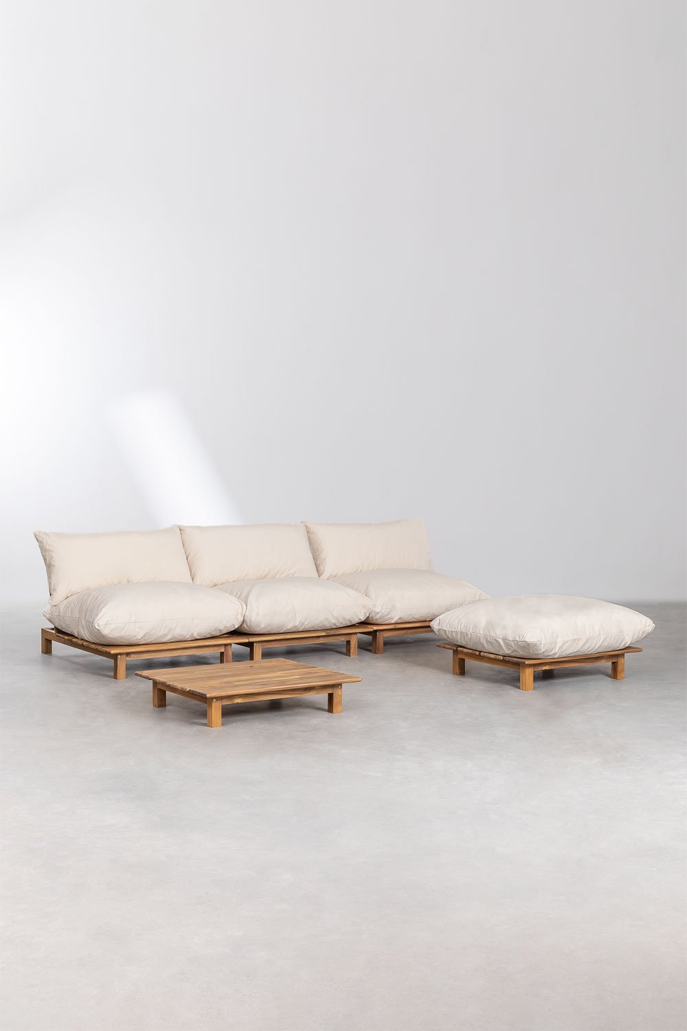 3-teiliges modulares Garten-Liegesofa mit Couchtisch und Pouf aus Akazien-Brina-Holz  , Galeriebild 1