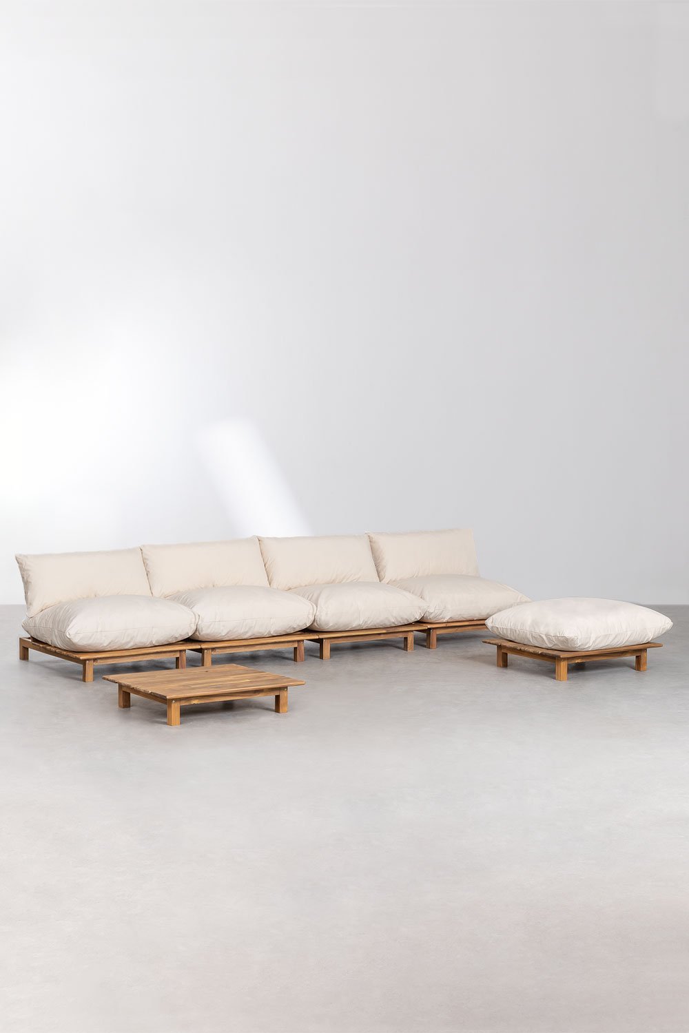 4-teiliges modulares Garten-Liegesofa mit Couchtisch und Pouf aus Akazien-Brina-Holz         , Galeriebild 1