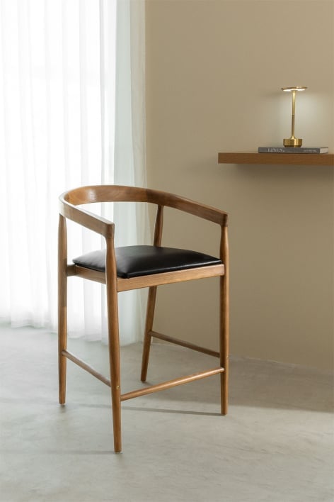 Barhocker 70 cm Teakholz Schwarzes Leder Visby