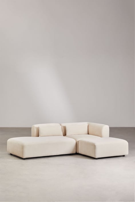 Zweiteiliges modulares Ecksofa mit Chaiselongue links und Fogler-Hocker - Kord Beige Leinen