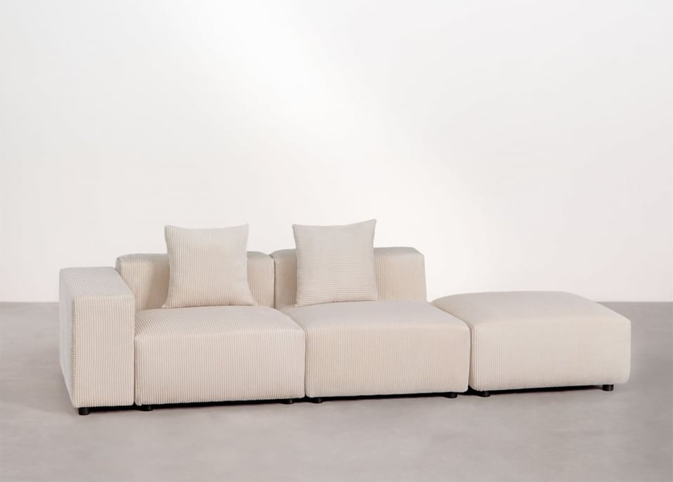 2-teilige modulares Ecksofa links mit niedriger Armlehne und Hocker ↔︎285 cm Bruna - Kord Beige Leinen