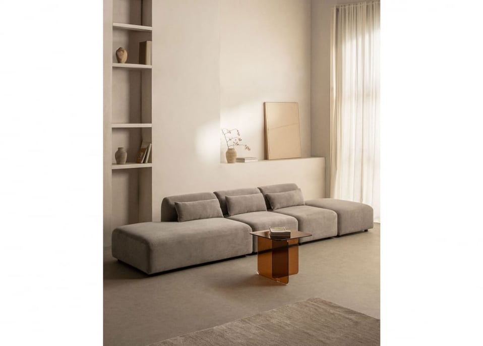 3-teiliges modulares Sofa mit Chaiselongue links und Fogler-Hocker - Kord Helles Grau Taupe