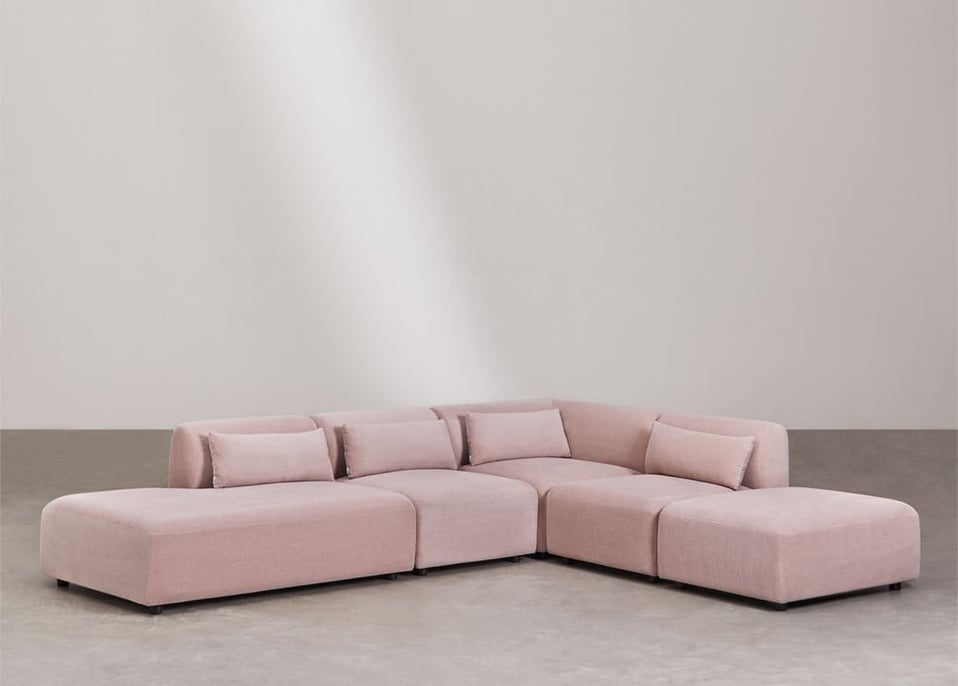 4-teiliges modulares Ecksofa mit Chaiselongue links und Fogler-Hocker - Kord Rosa Wein