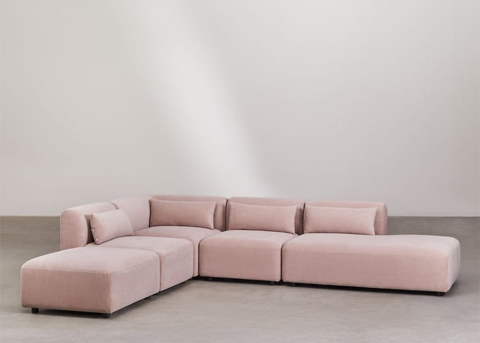 4-teiliges modulares Ecksofa mit Chaiselongue rechts und Fogler-Hocker - Kord Rosa Wein