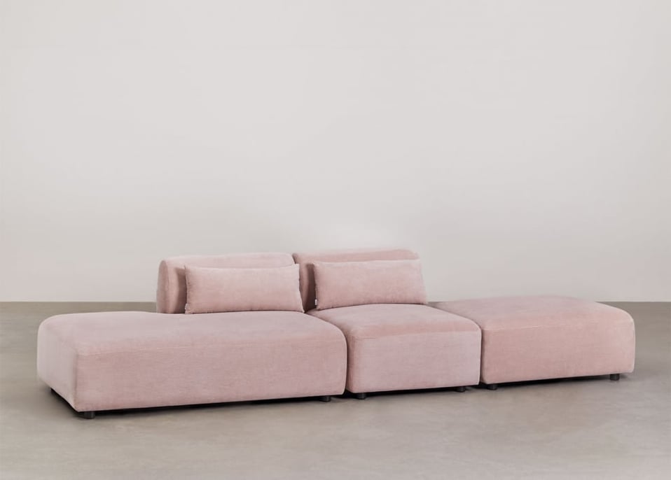 2-teiliges modulares Sofa mit Chaiselongue links und Fogler-Hocker - Kord Rosa Wein