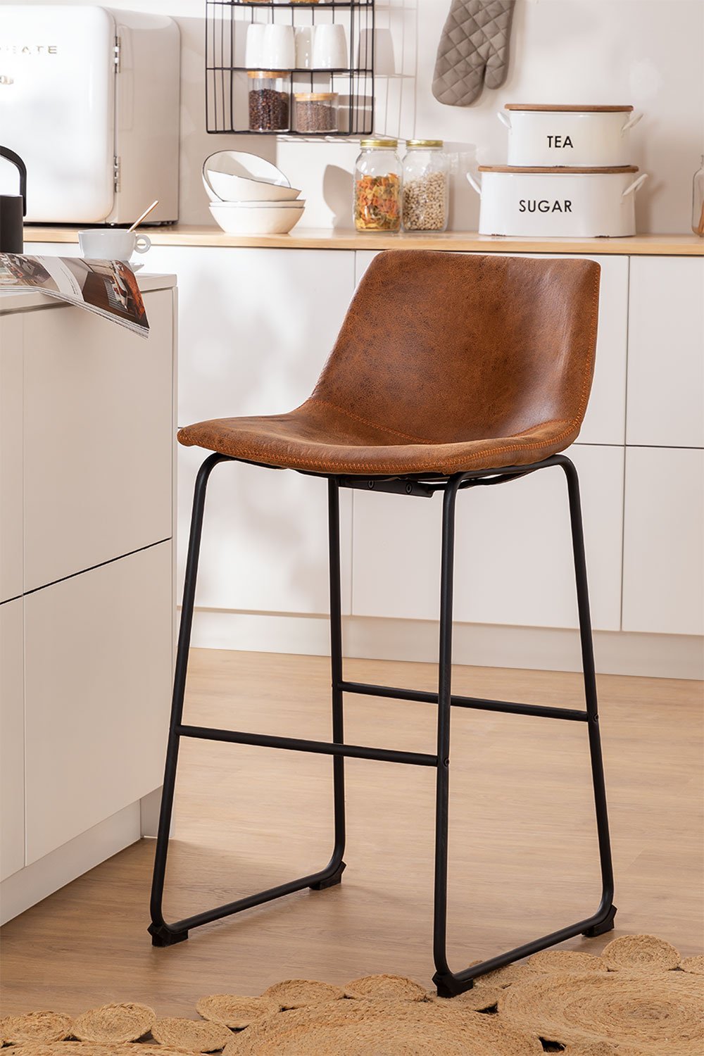 2er-Pack Hohe Hocker 70 cm bezogen mit kamelfarbenem Vintage-Kunstleder Ody Style, Galeriebild 1