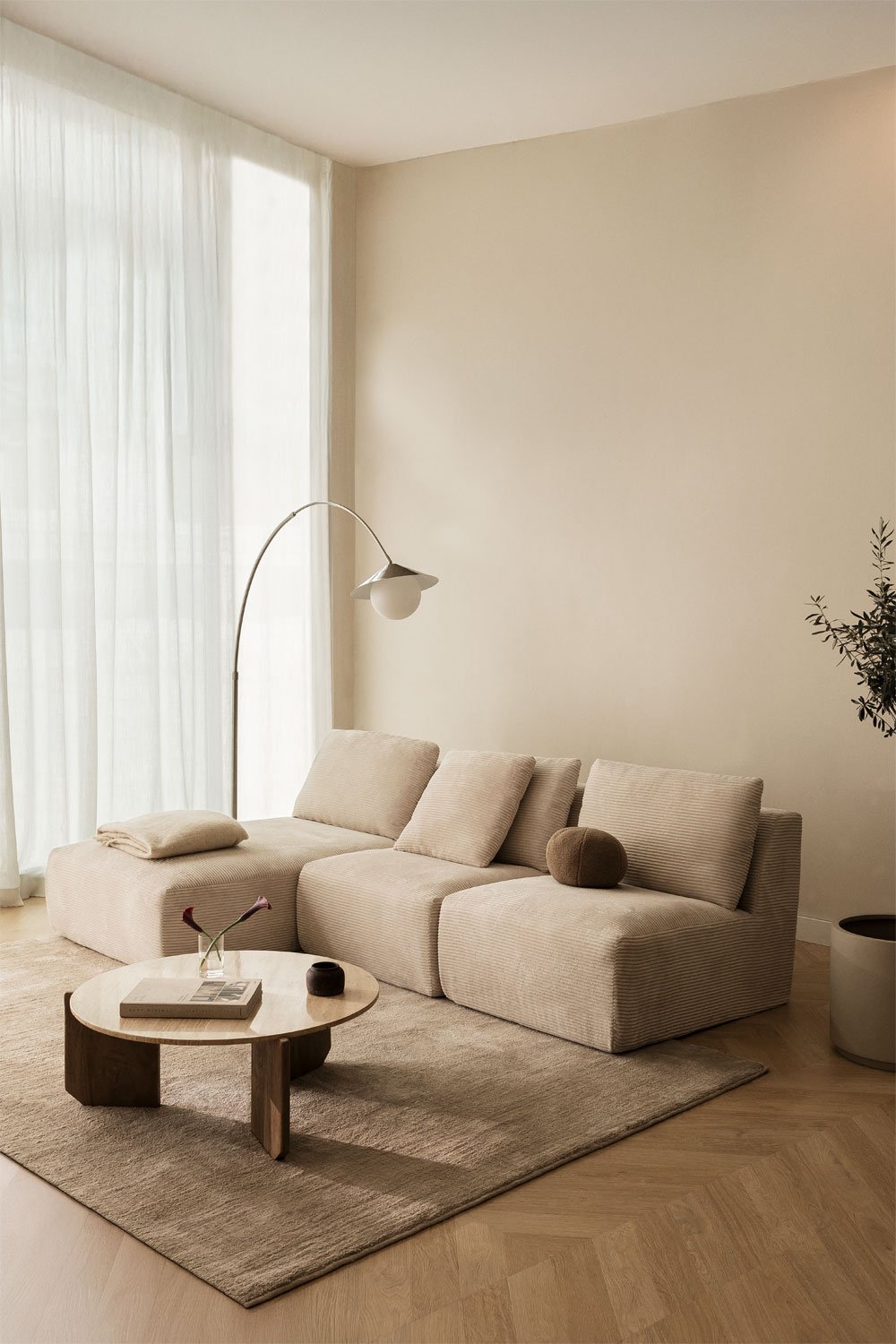 3-teiliges modulares Chaiselongue-Sofa „Temple“ links aus vakuumverpacktem Cord, Galeriebild 1