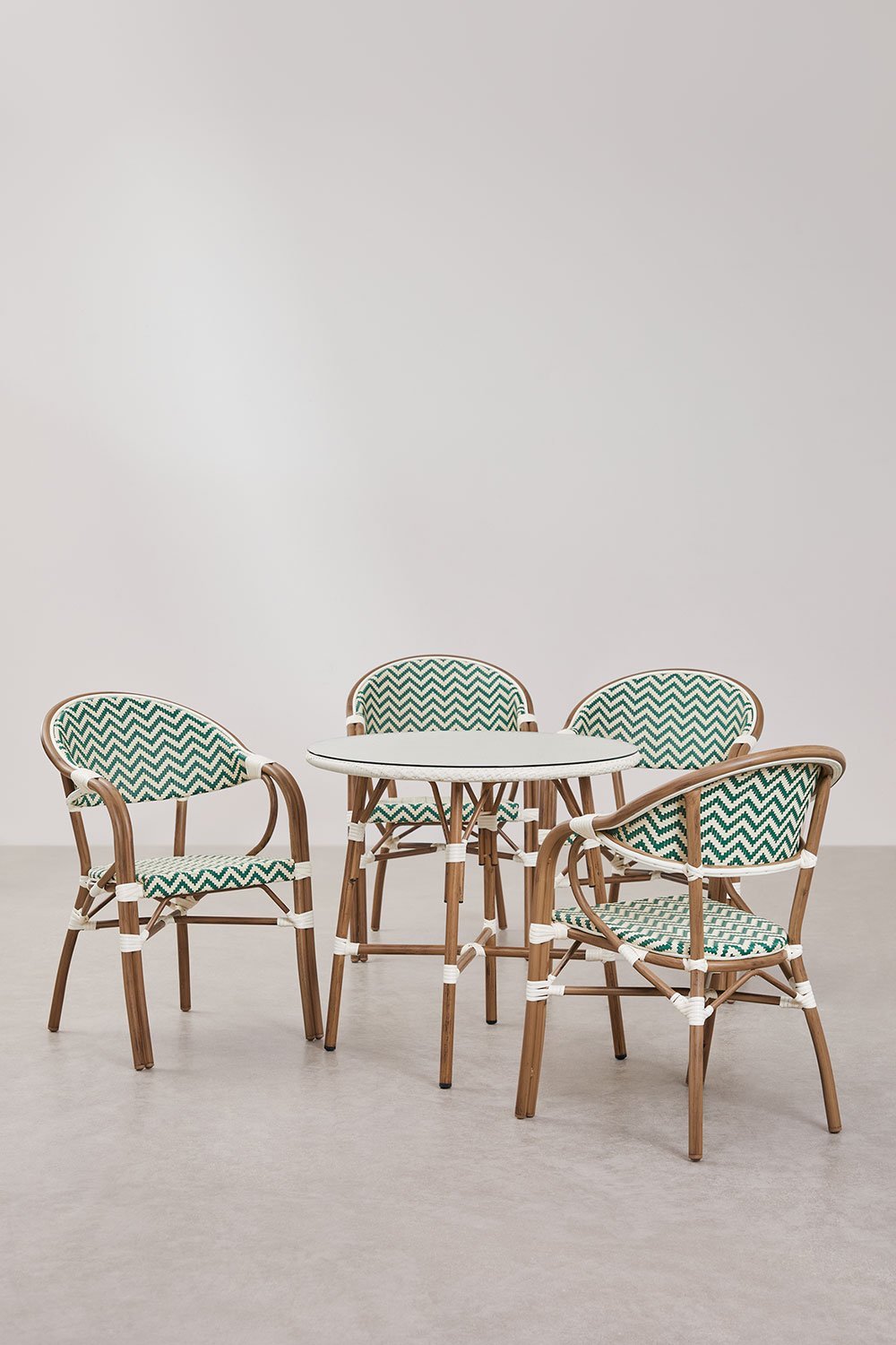 Set aus rundem Tisch Ø80 cm und 4 stapelbaren Gartenstühlen mit Aluminiumarmlehnen Brielle Bistro, Galeriebild 2