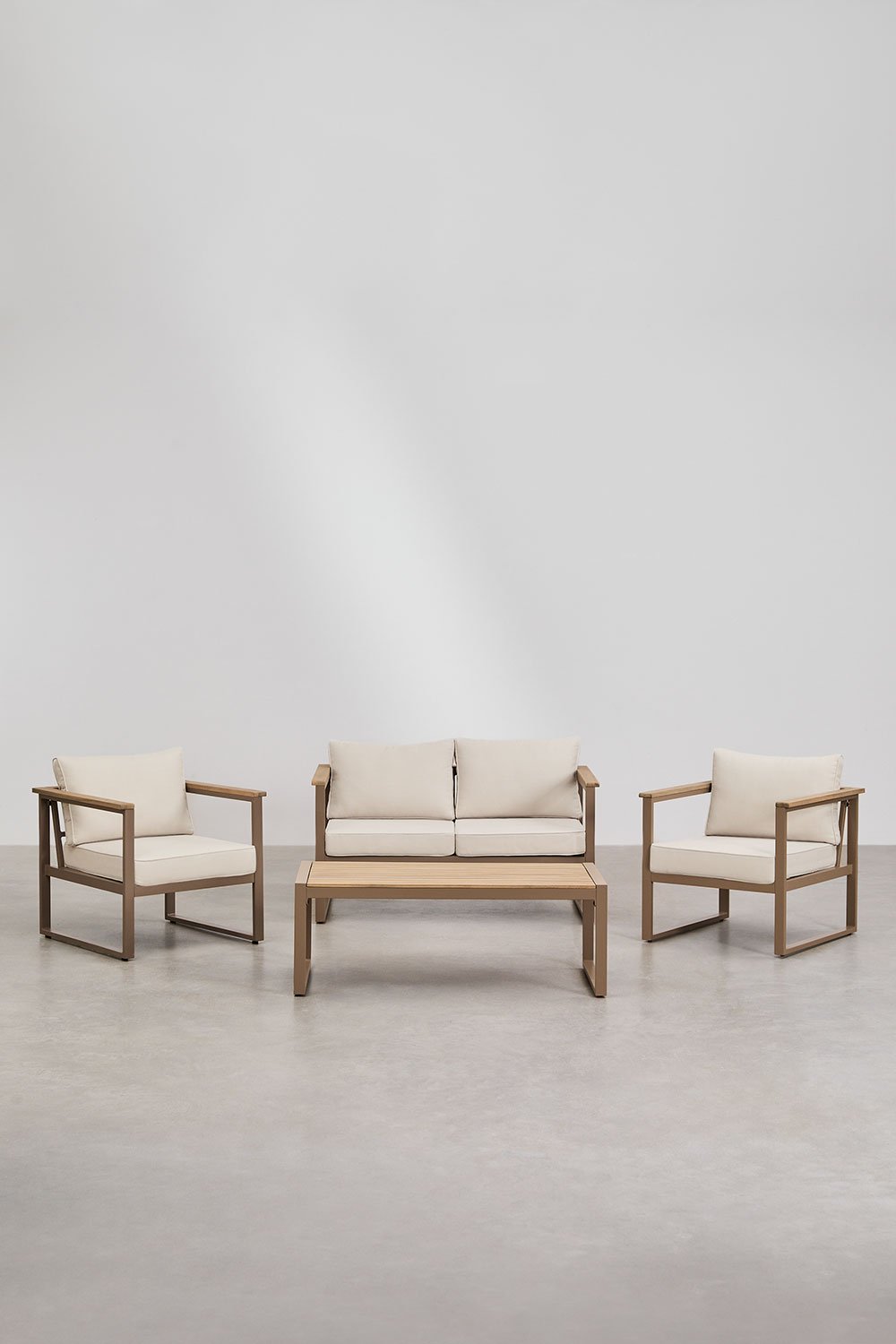 Gartenset mit 2-Sitzer-Sofa, 2 Sesseln und Couchtisch aus Aluminium und Lipov-Akazienholz , Galeriebild 2
