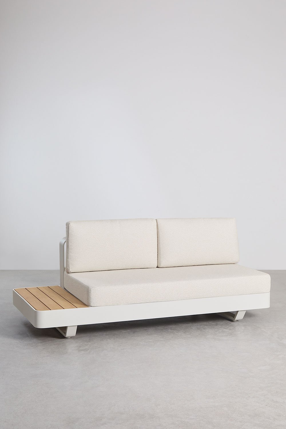 Yarilo 2-Sitzer-modulares Gartensofa aus Aluminium mit linkem Beistelltisch aus Teakholz, Galeriebild 2