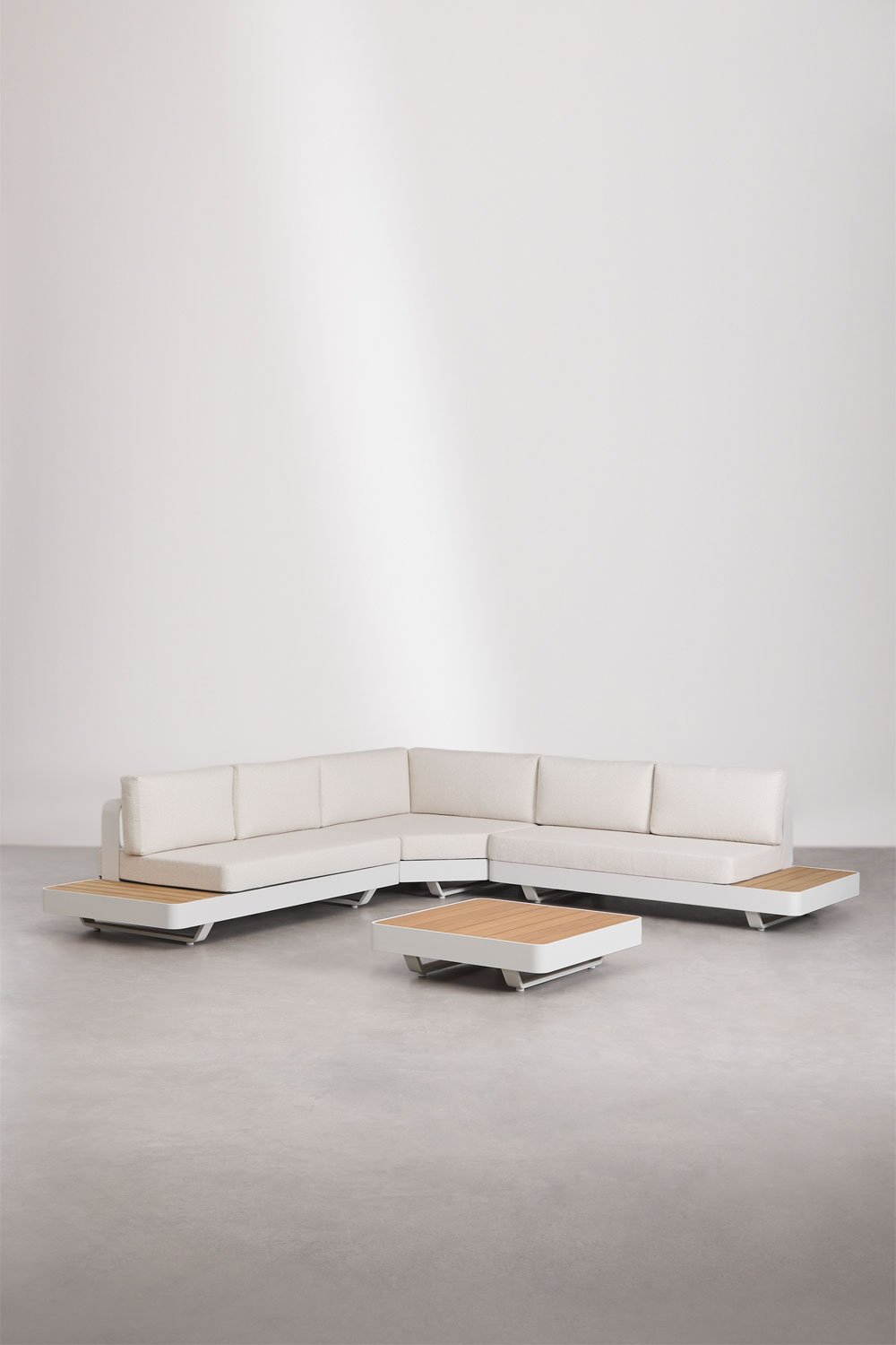 Wohnzimmerset mit 5-Sitzer-Ecksofa und Couchtisch aus Aluminium und Teakholz Yarilo, Galeriebild 1