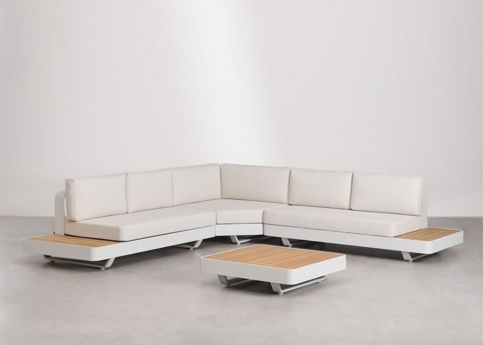 Wohnzimmerset mit 5-Sitzer-Ecksofa und Couchtisch aus Aluminium und Teakholz Yarilo