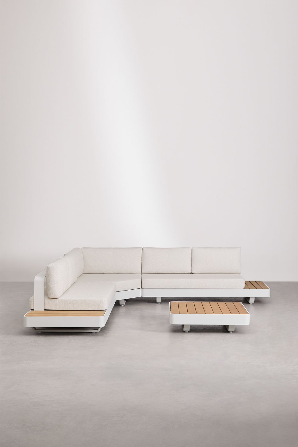 Wohnzimmerset mit 5-Sitzer-Ecksofa und Couchtisch aus Aluminium und Teakholz Yarilo, Galeriebild 2