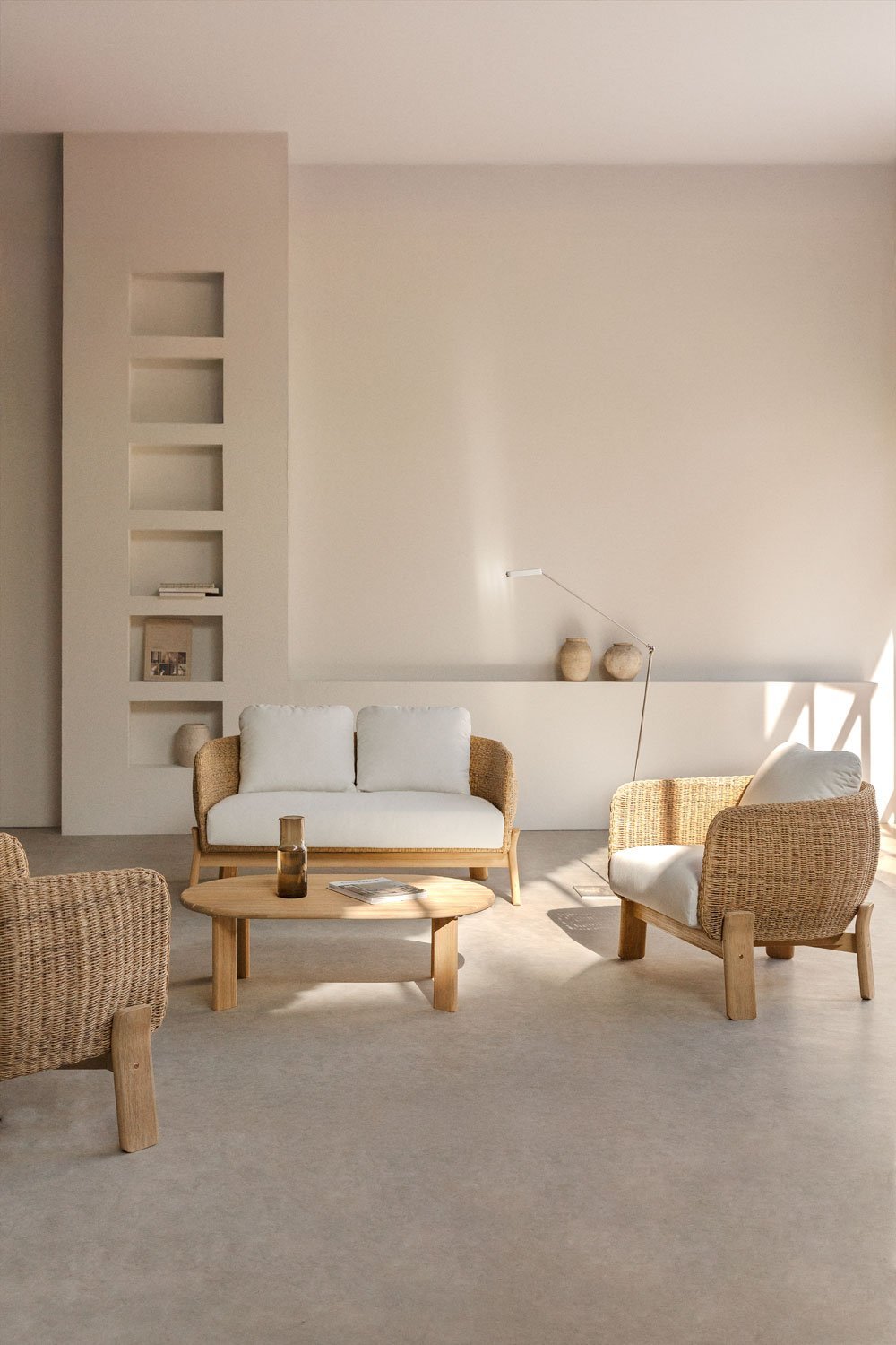 Wohnzimmer-Set aus Akazienholz und Rattan Leilan, Galeriebild 1