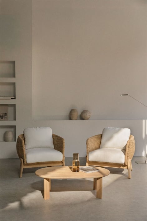 Wohnzimmer-Set mit 2 Sesseln und Couchtisch aus Akazienholz und Rattan Leilan